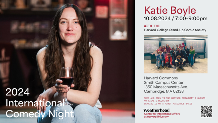 Comedy Night event details with a photo of Katie Boyle holding a glass of red wine and a photo of the Harvard comedy group.