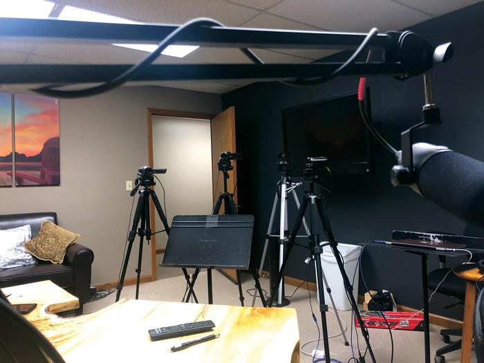 Empty podcasting studio with equipment