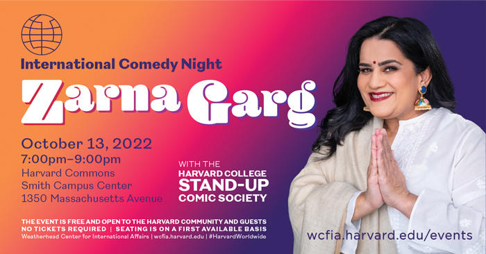 Image of comedian Zarna Garg with event details written on it