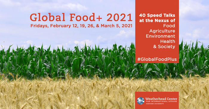 Event graphic for Global Food+ 2021 showing blades of grass against blue sky
