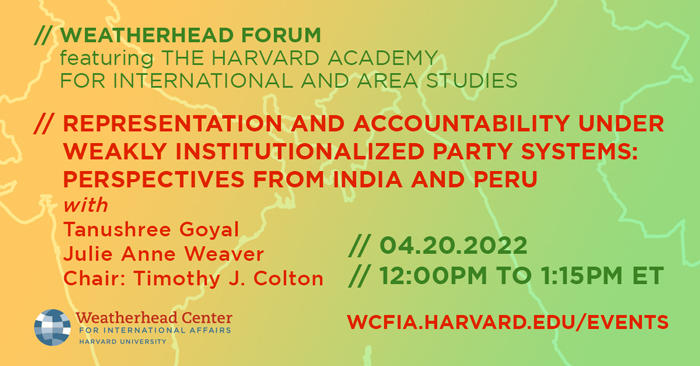 Event details against a gradient yellow and green background, with map of Peru and India outlined in white
