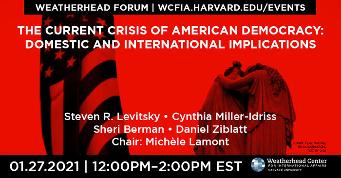 Event graphic with US flag and statue against bright red background