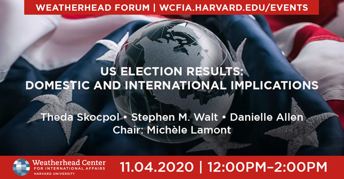 Event graphic with talk title against American flag and globe background.