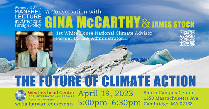 Graphic with event details against a background photo of icy glacier