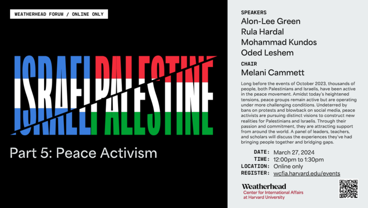 Graphic for Weatherhead Series on Israel/Palestine with event details that are repeated on the text of the page.