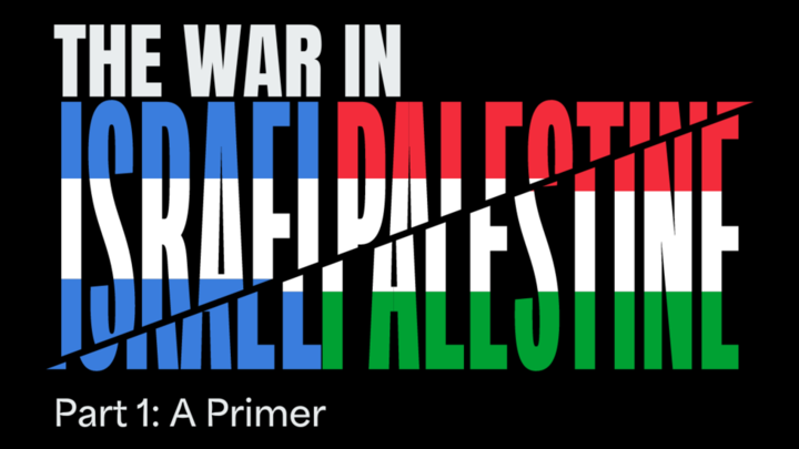 Illustration of title in Israel and Palestinian flag colors.