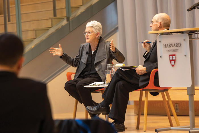 Gina McCarthy and Jim Stock seated in conversation at the Smith Campus Center.