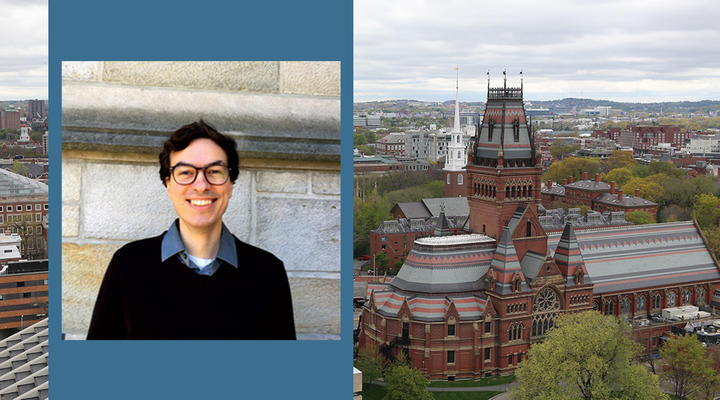 Headshot of Christoph Mikulaschek against background photo of Sanders Theater at Harvard