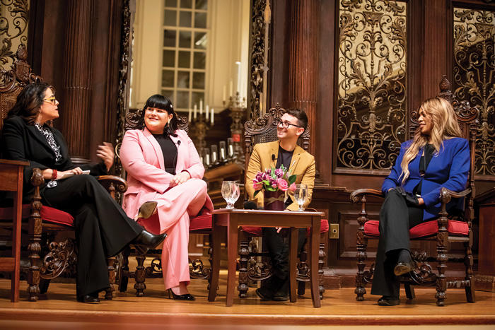 Image of Cultural expert, Jess Weiner, (from left); Fashion influencer Nicolette Mason; Designer, Christian Siriano, and Actress Laverne Cox speak at Memorial Church at Harvard University at the end of a day-long summit on gender equity.