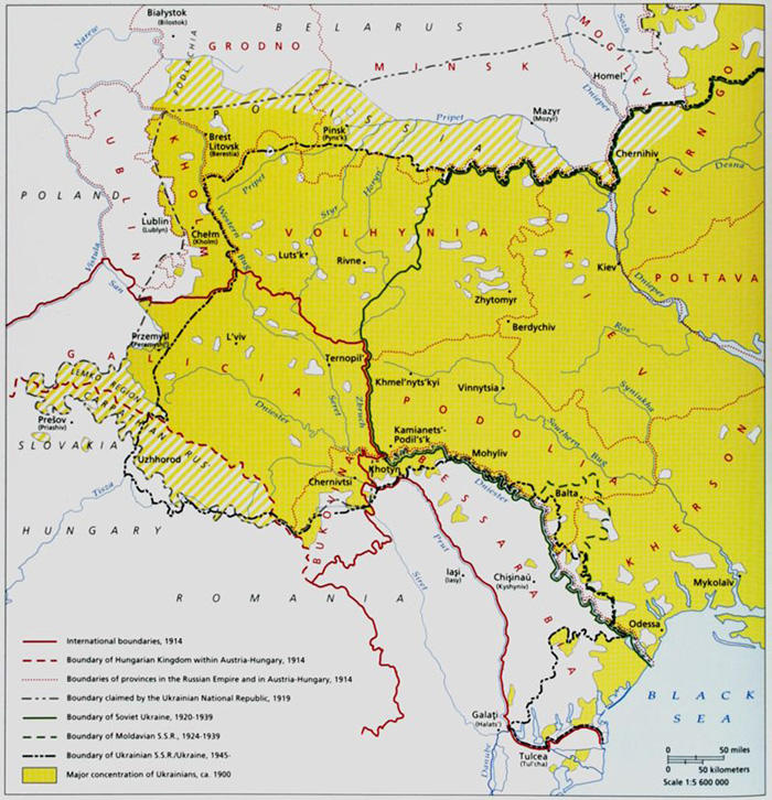Map of Ukraine in bright yellow showing different borders drawn in the 20th century