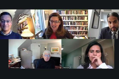Zoom screenshot of five professionals.