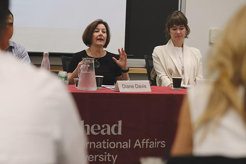 Diane Davis speaks at a panel alongside other speakers.