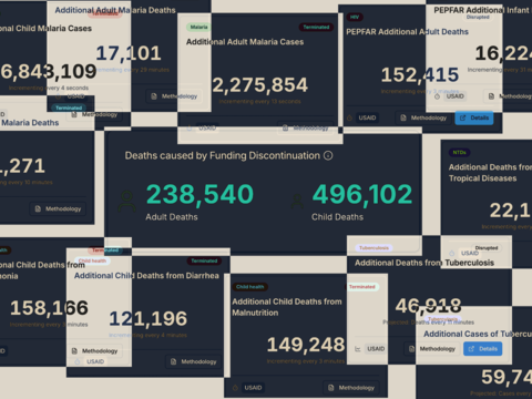 Collage of data dashboards showing statistics on deaths and cases due to funding discontinuation for various diseases, including malaria, tuberculosis, and other child health issues.