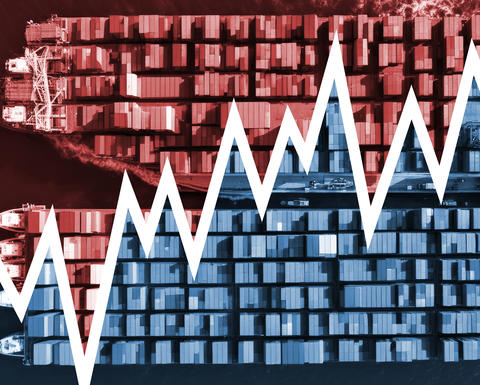 A stylized red and blue illustration of giant ships with shipping containers, separated by a white jagged line symbolizing a rise in inflation.