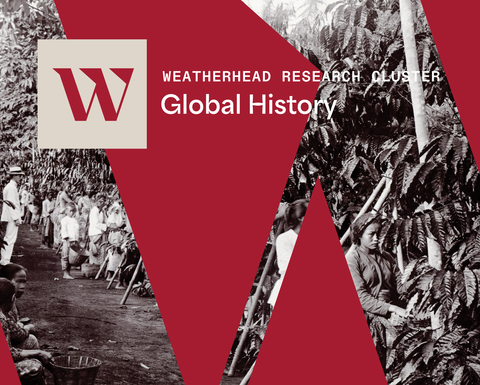 Crimson-colored triangles over an archival image of people working in a field.