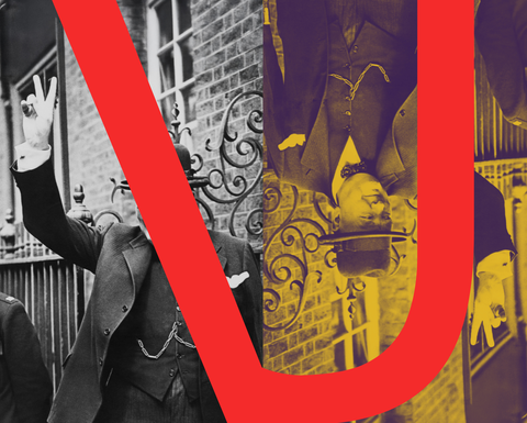 A letter V and U merged in red over two side-by-side images of Churchill making a victory sign. One image is black and white and the other is black and gold and upside down.