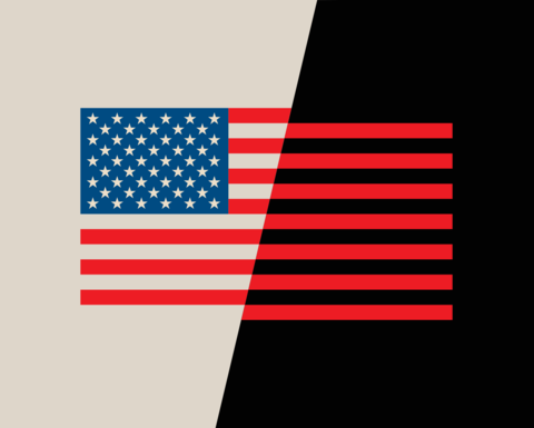 Illustration of American flag broken in half, set against a duotone beige/black background.