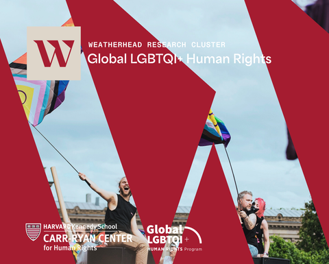 Crimson-colored triangles over an image of people waving LGBTQIA pride flags..
