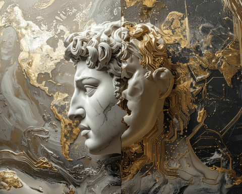 A marble statue head split in half, with one side classical and the other side featuring gold circuitry, set against a world map background with gold and dark marble textures.