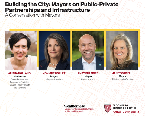 Collage of headshots of three women and one man speaking at an event about Mayors and infrastructure partnerships.