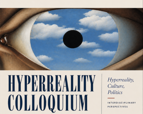 Hyperreality Colloquium poster, featuring René Magritte's The False Mirror, an oil painting of an eye with a sky and clouds in the iris.