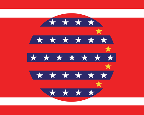 Mixed sybolism from the US, Chinese, and Japanese flags with red, white and blue stripes; white and yellow stars; and a central circle.