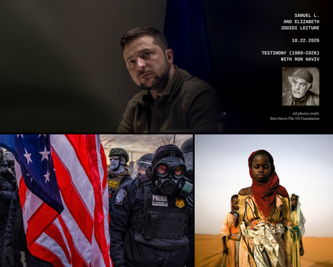 Collage of 3 images: Zelensky, soldiers with an American flag, and a Sudanese woman walking in the desert. 