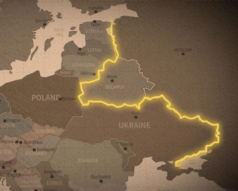 A map of Eastern Europe with the western borders of Russia and Belarus highlighted.