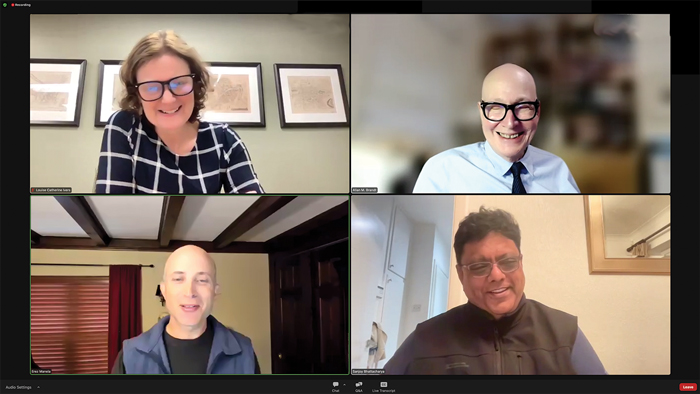 Zoom screenshot of three speakers and Center acting director for the Forum on COVID-19