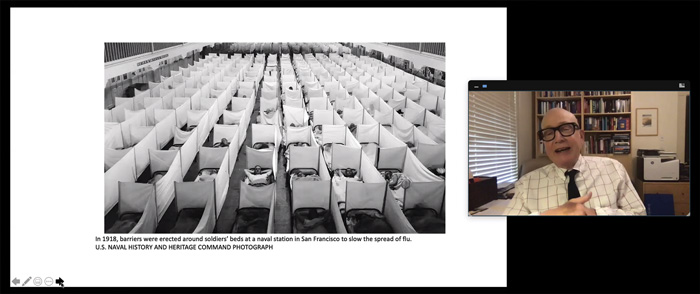 Zoom screenshot of Allan Brandt presenting on historical perspectives of pandemics at the Weatherhead Forum