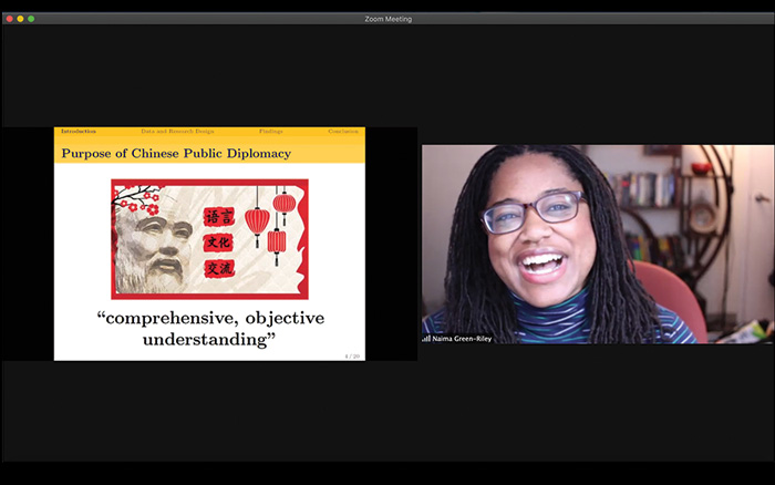 Zoom screenshot of Naima Green-Riley presenting her work on Chinese diplomacy at the Weatherhead Forum
