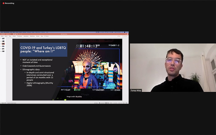 Zoon screenshot of Tunay Altay presenting work on Turkey's LGBTQ people at the Weatherhead Forum