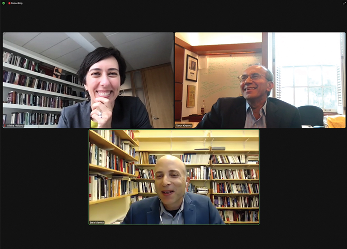 Zoom screenshot of two panelists and Center director for the Forum on meritocracy book
