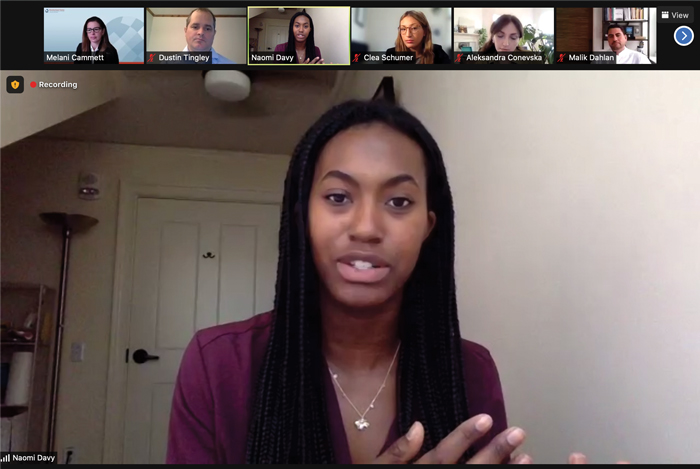 Zoom screenshot of Harvard student Naomi Davy speaking at the SCOTIA event on climate change