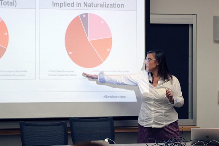 Image of Elke Winter speaking at the Weatherhead Forum