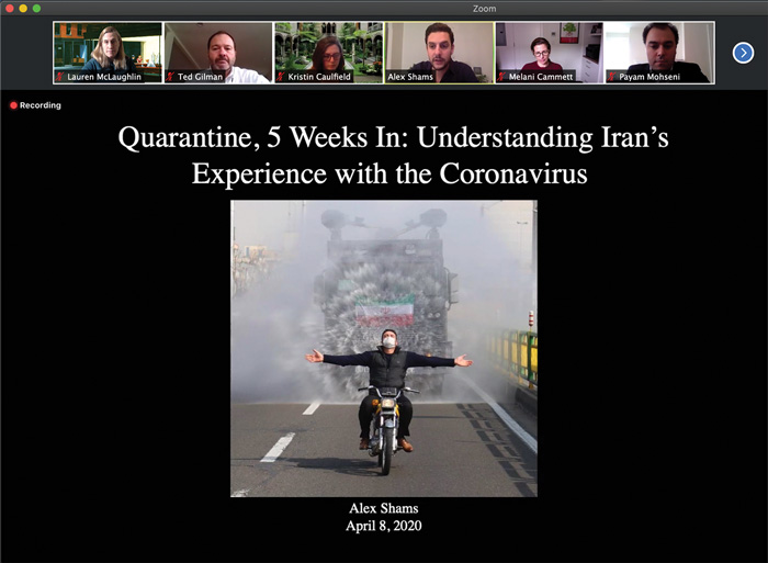 Screenshot of Alex Shams's title slide of his presentation on COVID-19 quarantine in Iran at the Weatherhead Forum