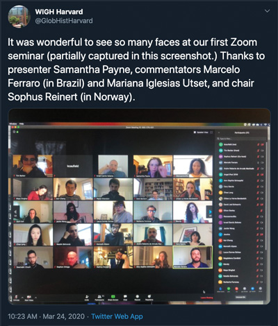 Screenshot of a Twitter post of Global History Seminar participants on Zoom