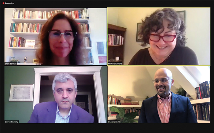 Zoom screenshot of Weatherhead Forum on democracy