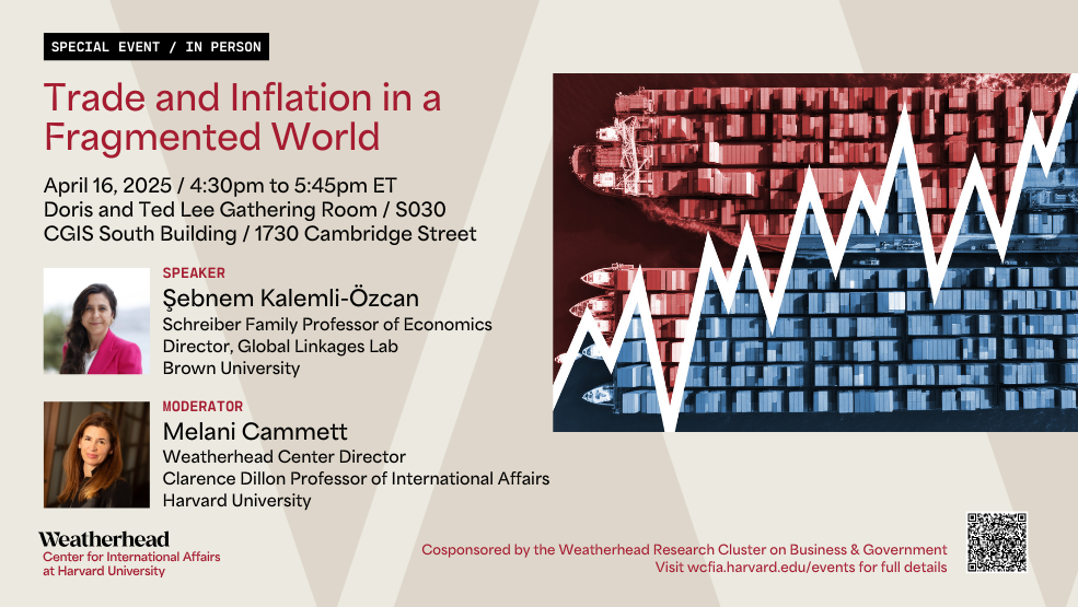 Event details and two speaker headshots alongside a stylized red and blue illustration of giant ships with shipping containers, separated by a white jagged line symbolizing a rise in inflation.