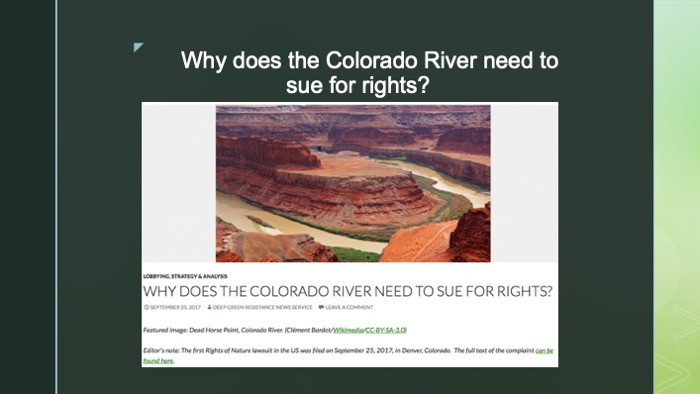 Slide of article titled "Why does the Colorado River need to sue for rights?"