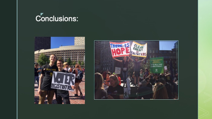 Slide of two images of climate protest goers with signs of hope and voter registration