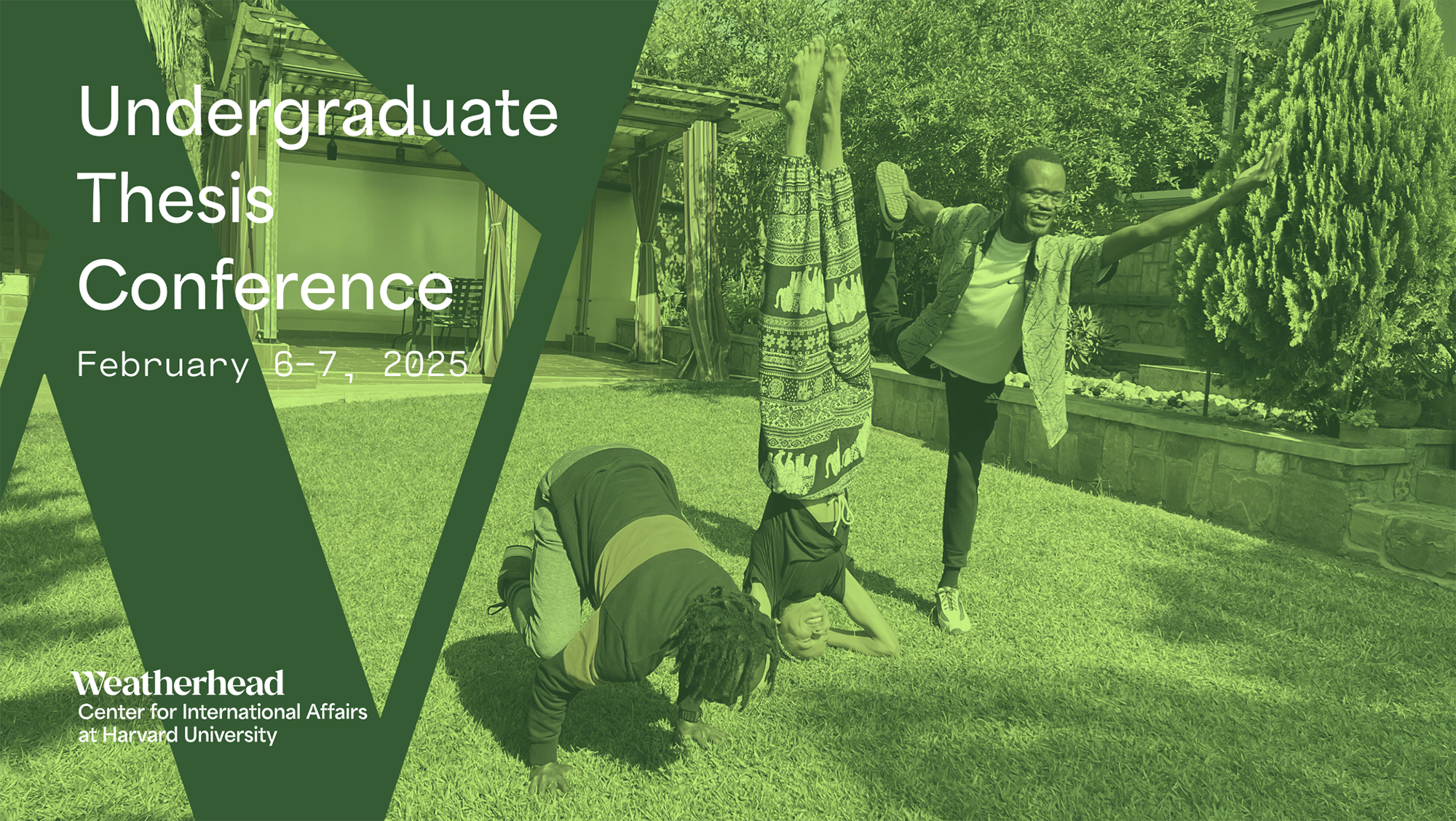 Duotone green-tinted photograph of three people doing yoga on the grass outside, overlaid with a graphic and conference details.